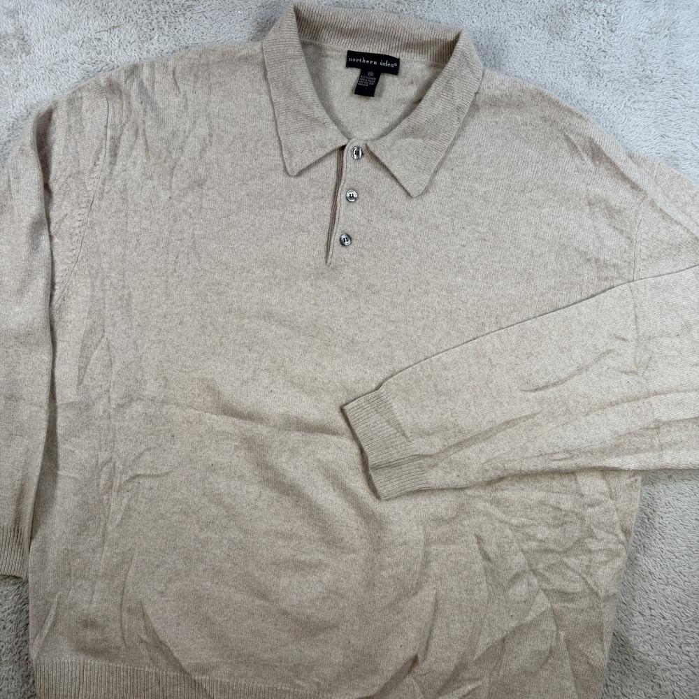 Northern Isles Sweater Polo Mens 2XL Beige 100% Cashmere Collared Soft Pullover